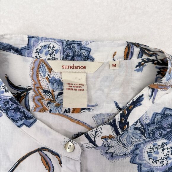 Sundance Top Medium White Floral Button Front Shirt Raw Hem Tiered Gwen Tunic - Picture 4 of 7